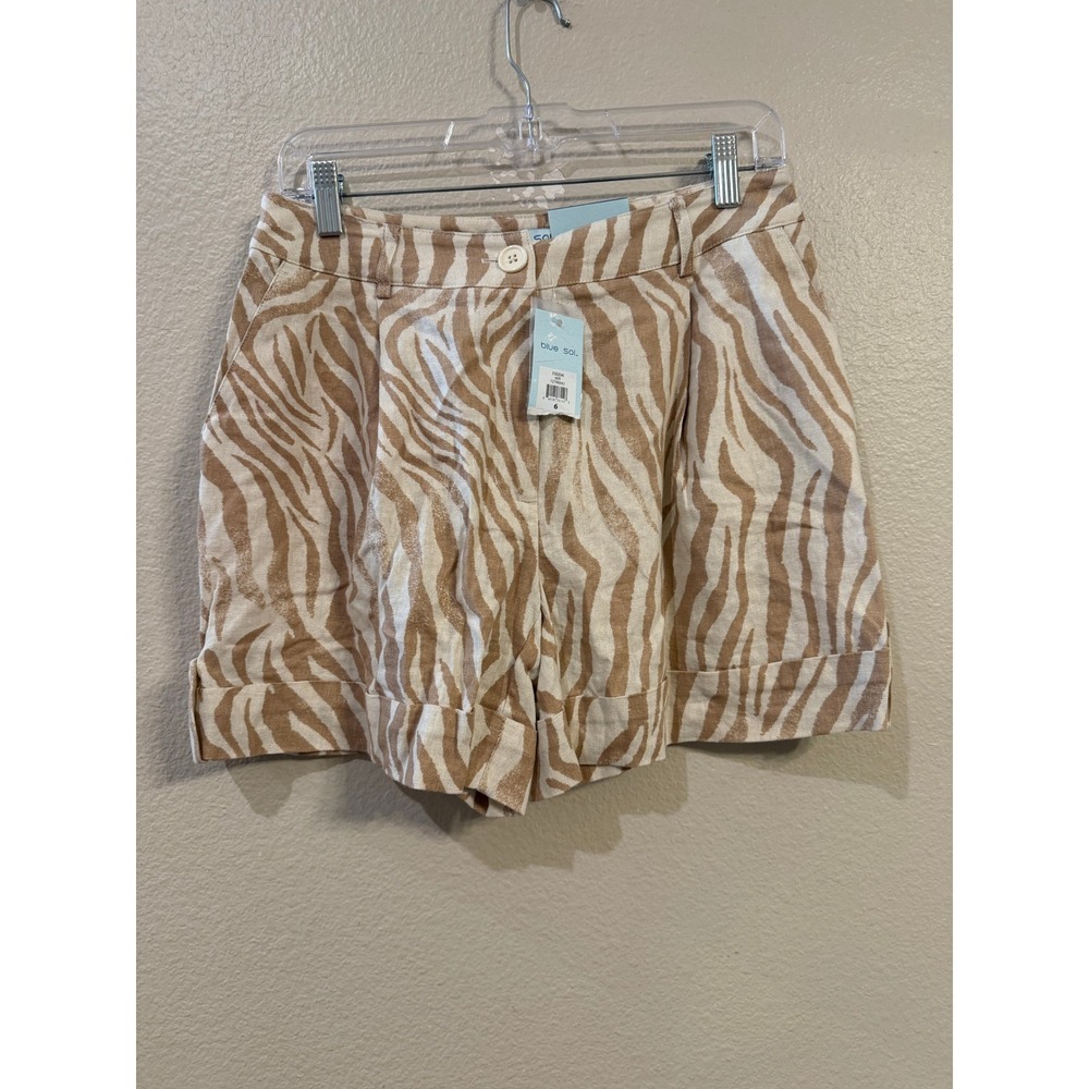 Blue Sol Womens Zebra Print Linen Blend Cuffed Shorts Tan White Size 6 3SB2046